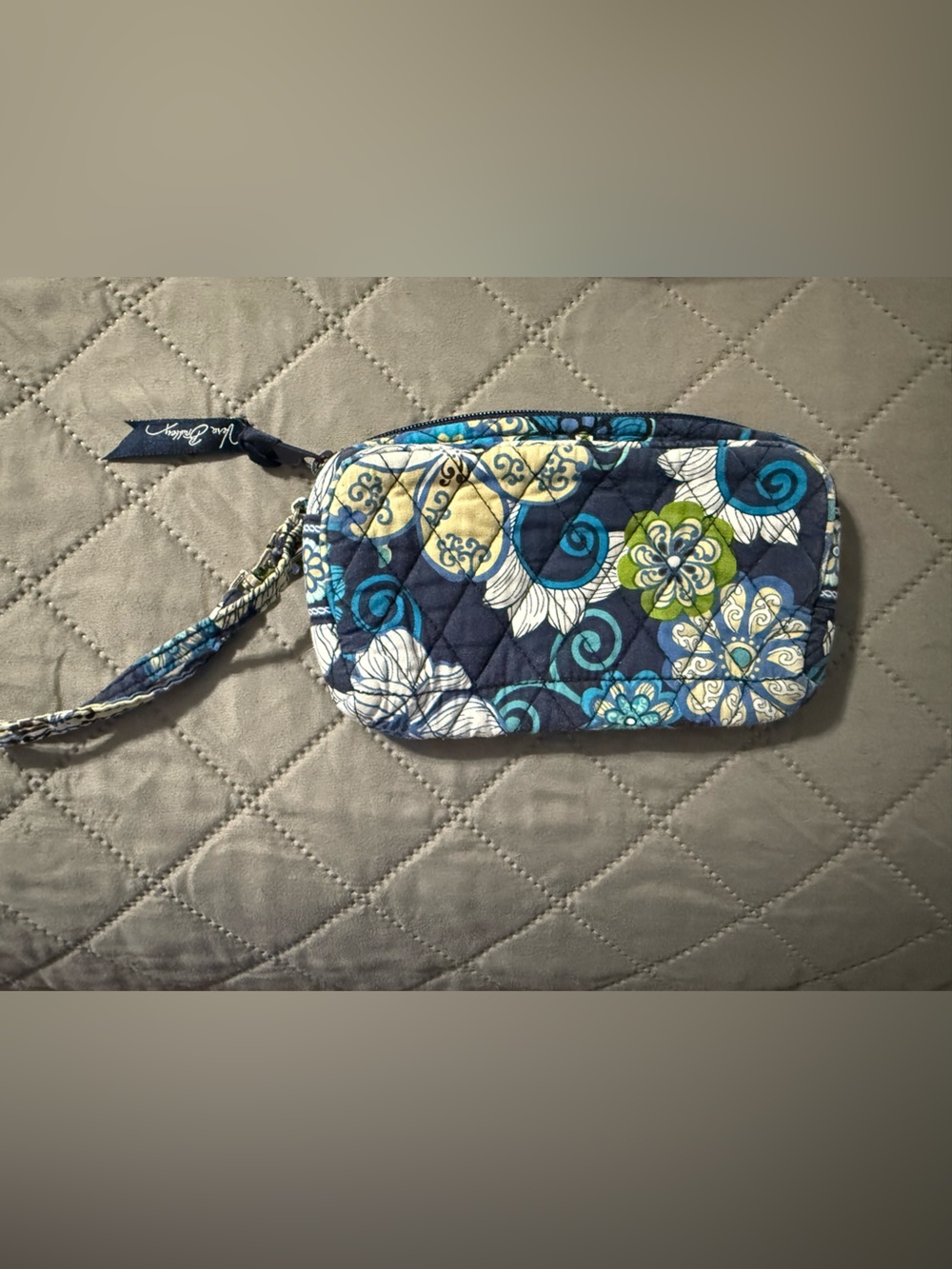 Vera Bradley Navy Floral Quilted Wristlet with Blue & Green Accents